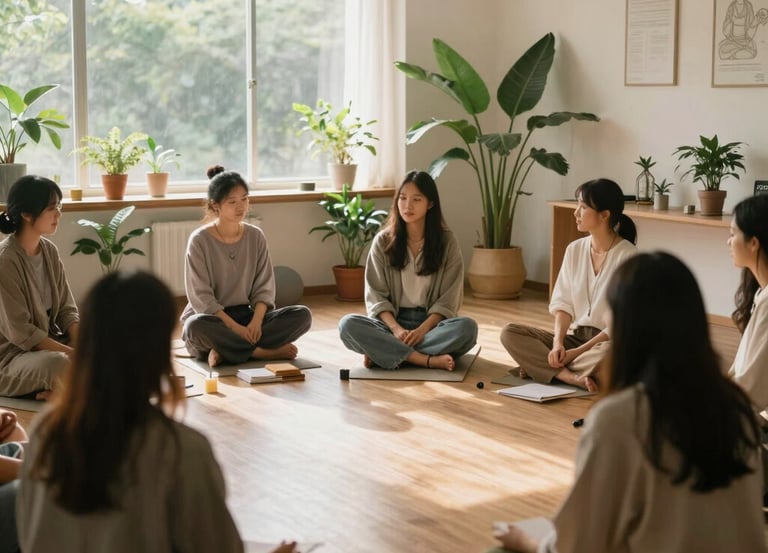 A peaceful classroom with soft natural light filtering through, attendees engaged in a spiritual workshop surrounded by plants