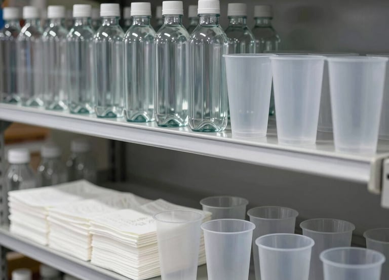 A rustic wooden shelf neatly displaying bottles, cups, and paper products in warm natural light.