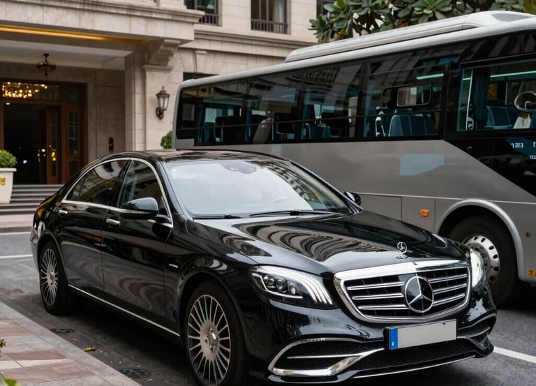 A modern white van driving on a highway with the holy city of Mecca in the background during sunset.