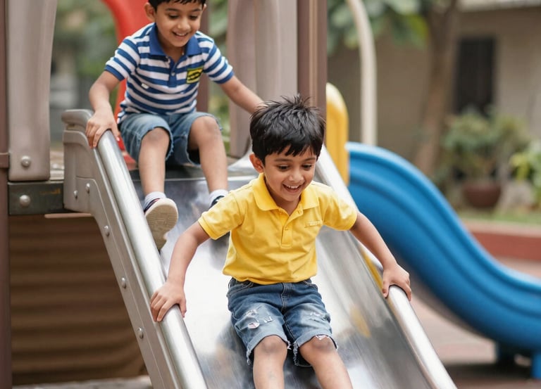 Two happy young boys playing on a metal slide at a Future Tots Creative school playground.