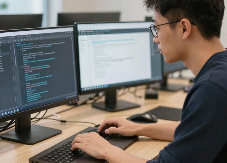 A team of software developers analyzing AI data flows on multiple screens in a modern workspace.