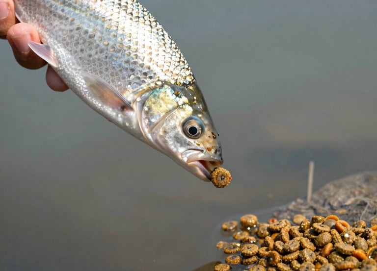 Packaged fish and prawn feed bags ready for shipment, displayed neatly on a wooden dock near a freshwater pond.