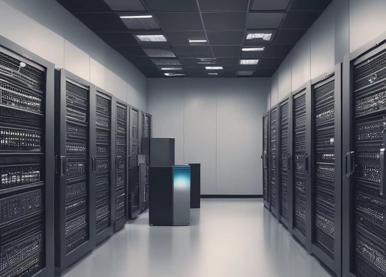 A professional technician working on server hardware with multiple monitors displaying code and system status.