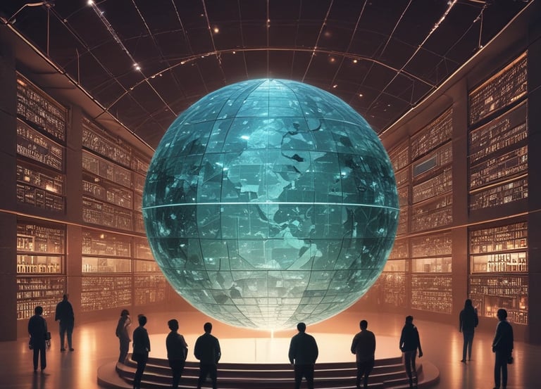 A diverse group collaborating around a digital device showing data privacy icons.