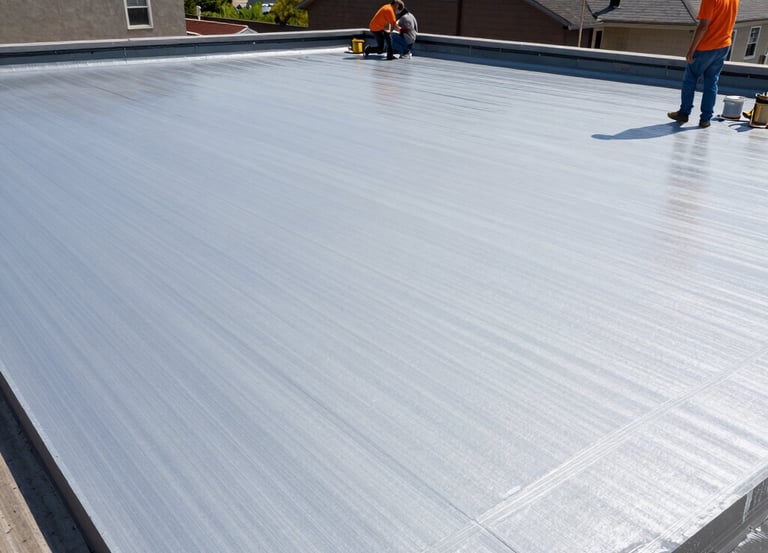 A close-up of a freshly coated flat roof glistening under sunlight.