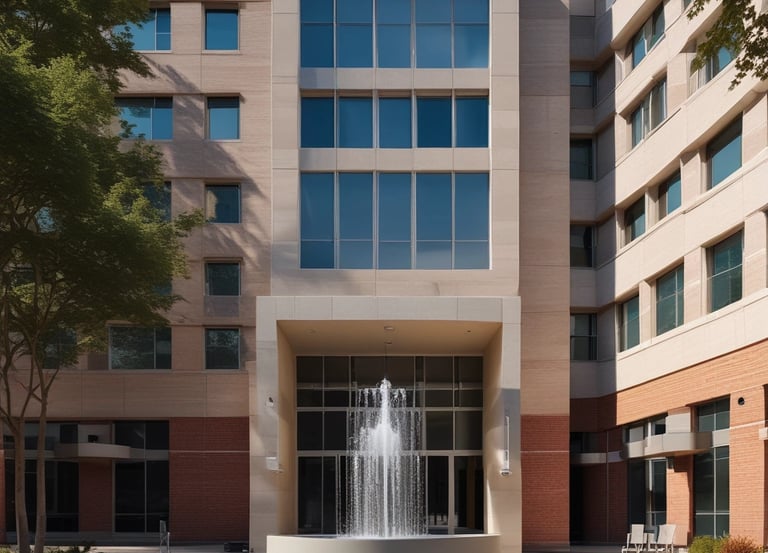 Fuente de agua purificada con un hospital de fondo