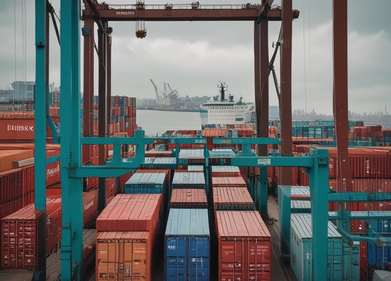 A busy port with large container ships being loaded under clear blue skies.