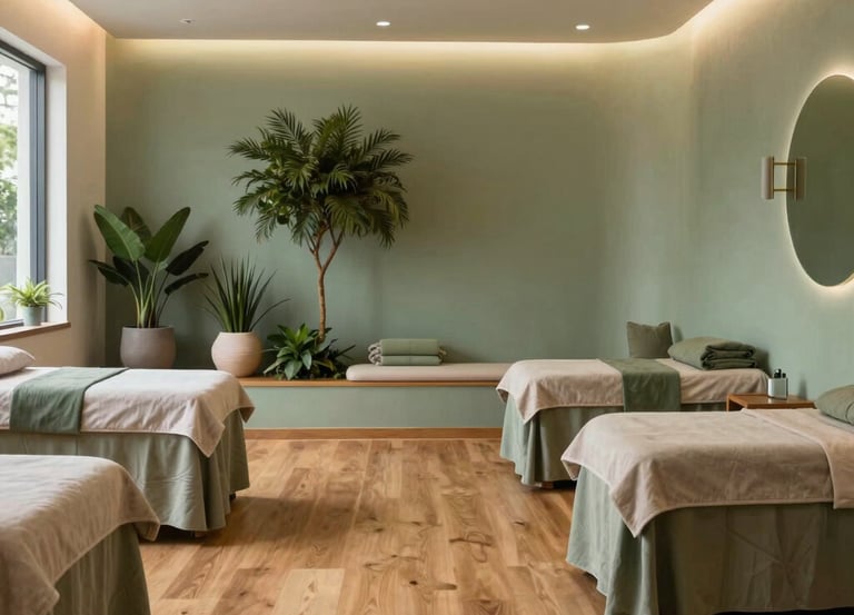 A serenity garden setting inside a wellness center in San Diego, California, featuring warm wooden floors, soft ambient light, and organic sage green decorations.
