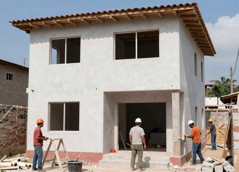 A professional construction team working on a modern commercial building site in San Salvador.