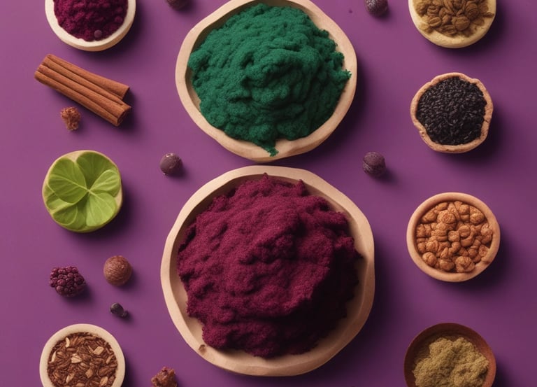 Close-up of natural ingredients like psyllium, cacao, and açaí berries arranged in three neat columns.