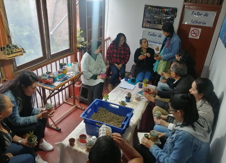 Personas en taller de cuidado de suculentas, hay tierra, plantas, herramientas de jardinería y bebidas calientes