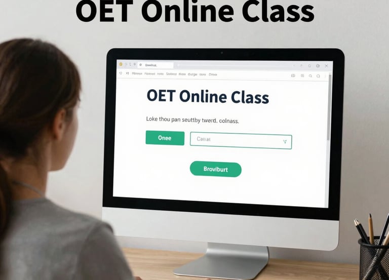 A friendly instructor engaging with students during a live online OET class.