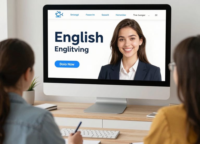 Students attending an online English language course on a desktop computer monitor.