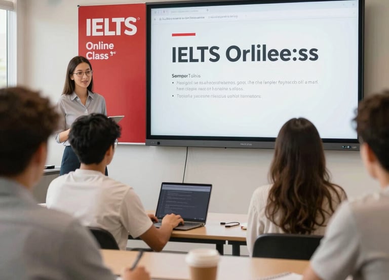 A focused student taking an IELTS mock test at home with study materials spread out.