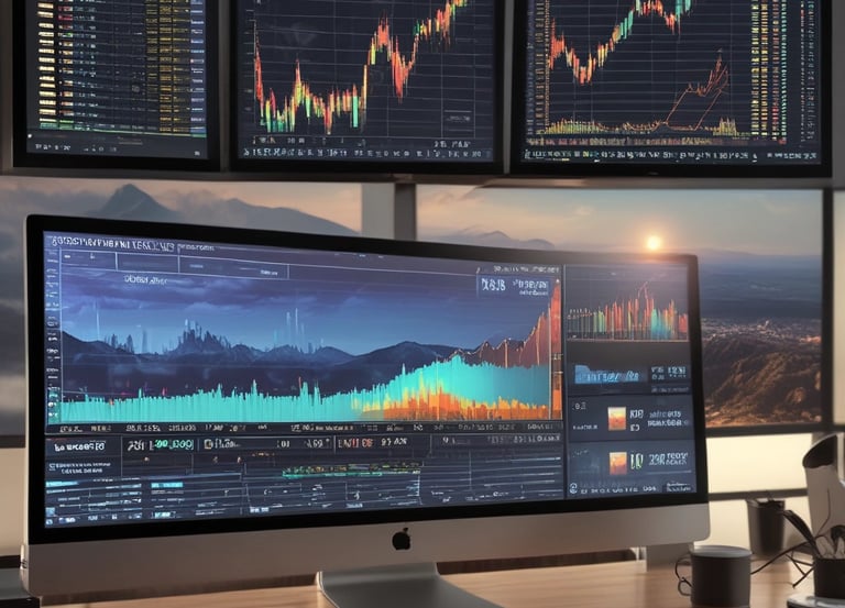 A focused trader analyzing market charts on multiple screens in a modern office.