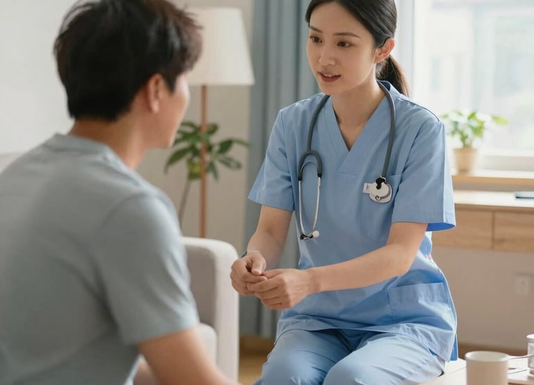 A friendly nurse assisting a patient at home with a tablet showing the booking app.
