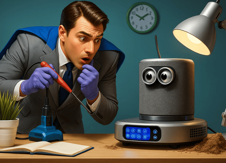 Surprised man repairing quirky smart gadget. Solving unusual home tech issues with a smile.