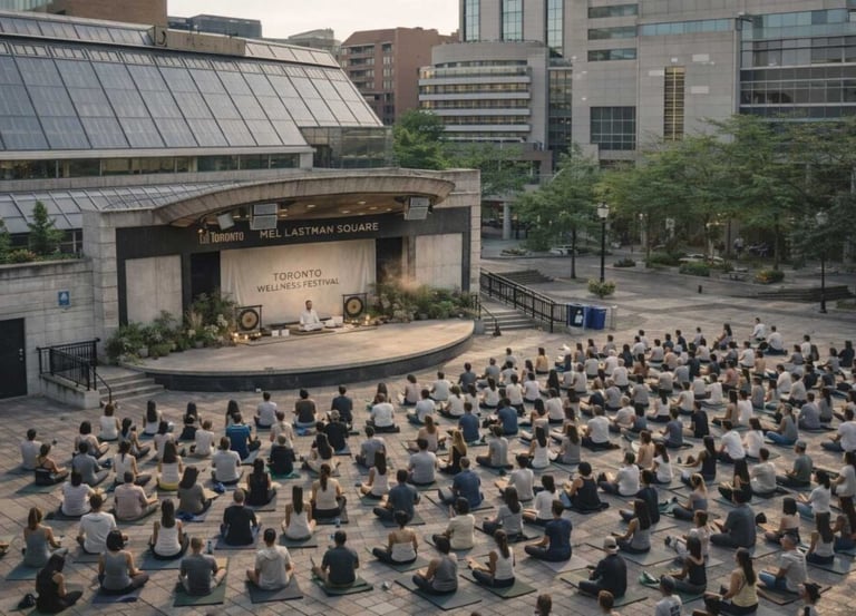 Crowd practicing outdoor yoga at the Toronto Wellness Festival in Mel Lastman Square.