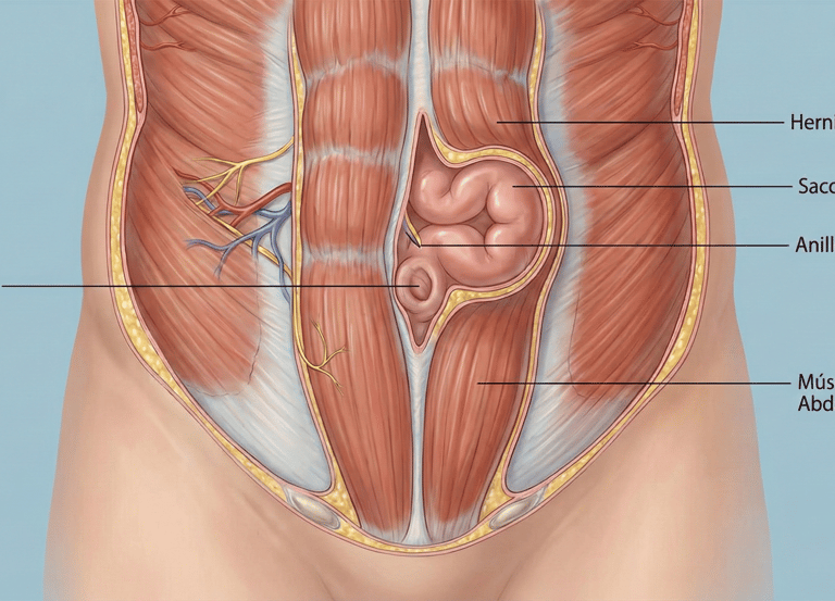 "Diagrama anatómico de una hernia umbilical explicado por el especialista Dr. Daniel Rodríguez."