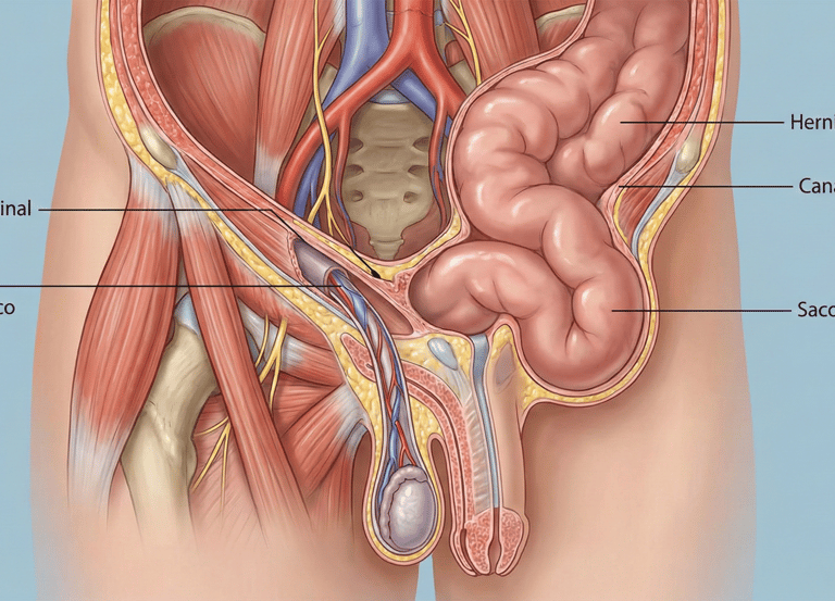 Ilustración médica ilustrativa de una hernia inguinal, proporcionada por el Dr. Daniel Rodríguez