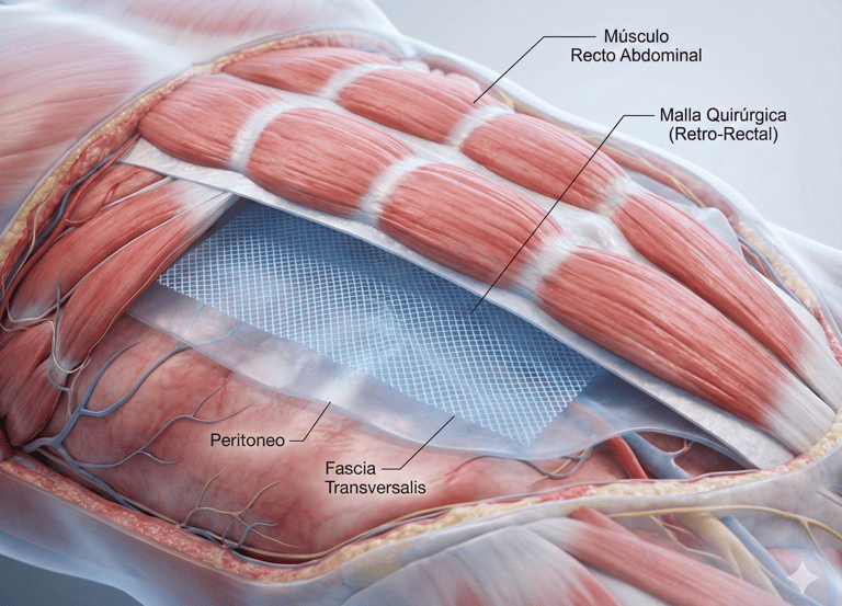 esquema de la pared abdominal donde se observa malla retromuscular dr daniel rodriguez hernias