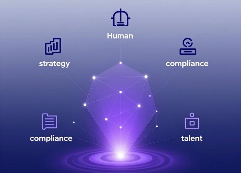 Digital business strategy infographic showing human talent, compliance, and growth nodes.
