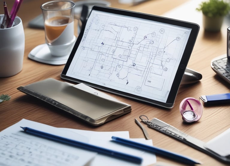 Abstract modern architecture with clean lines and blue-magenta lighting.