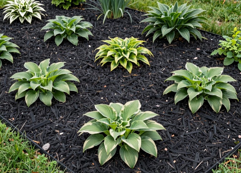Close-up of rich, freshly spread hardwood mulch around a vibrant flower bed in a sunny backyard.