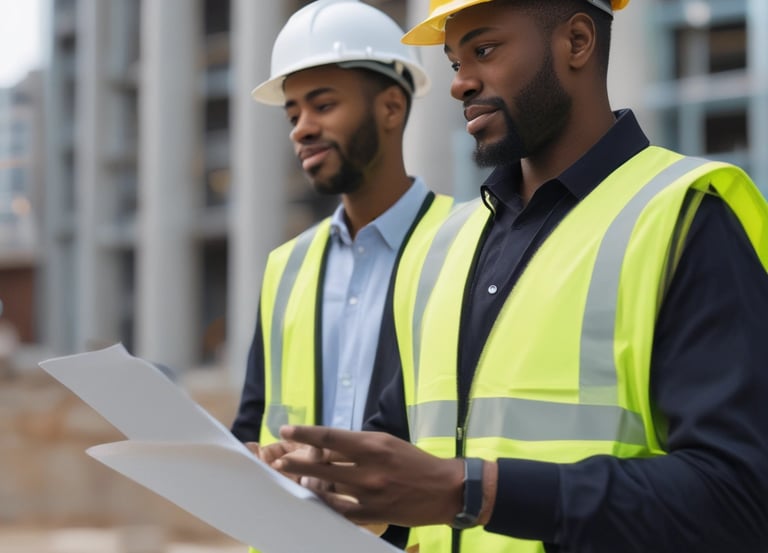 Project manager discussing progress with clients on site.