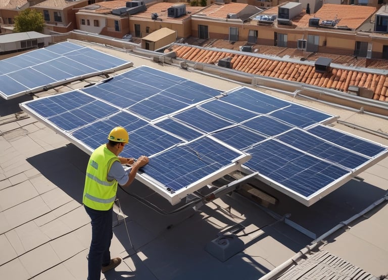 A friendly solar panel installer working on a rooftop in Zaragoza under a clear blue sky.