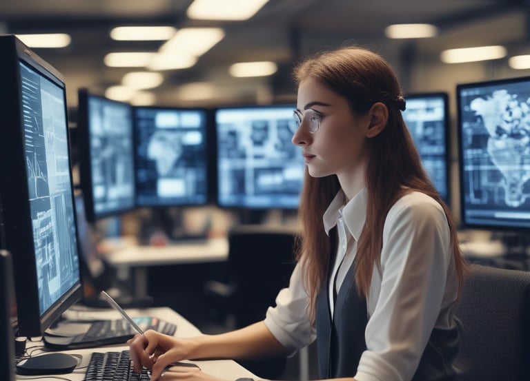 A modern office workspace with multiple screens displaying code and cloud infrastructure visuals.