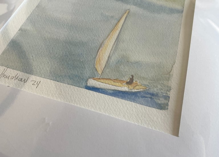 Aquarela pintada à mão, de velejador no mar de Ilhabela, São Paulo - Brasil