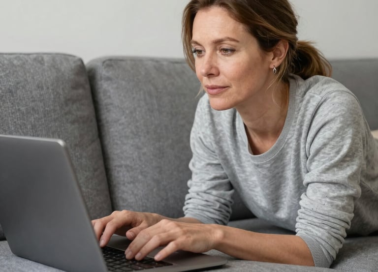 A warm, inviting coaching session with a person reflecting peacefully in a cozy, sunlit room.