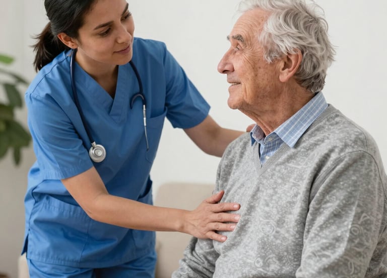 A compassionate caregiver assisting an elderly person during a sudden care transition.