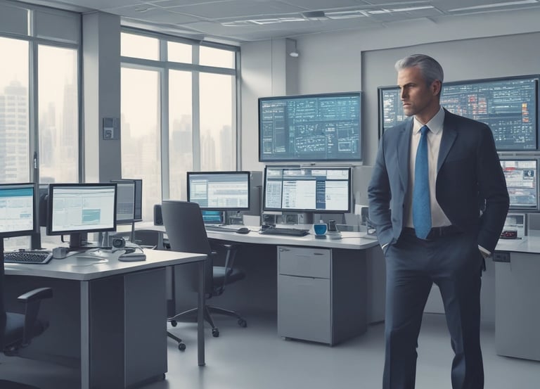 A modern security control room with multiple video surveillance monitors displaying live feeds.