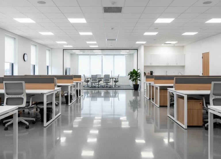Pristine modern office environment with polished floors and sanitized workstations in Rhode Island,