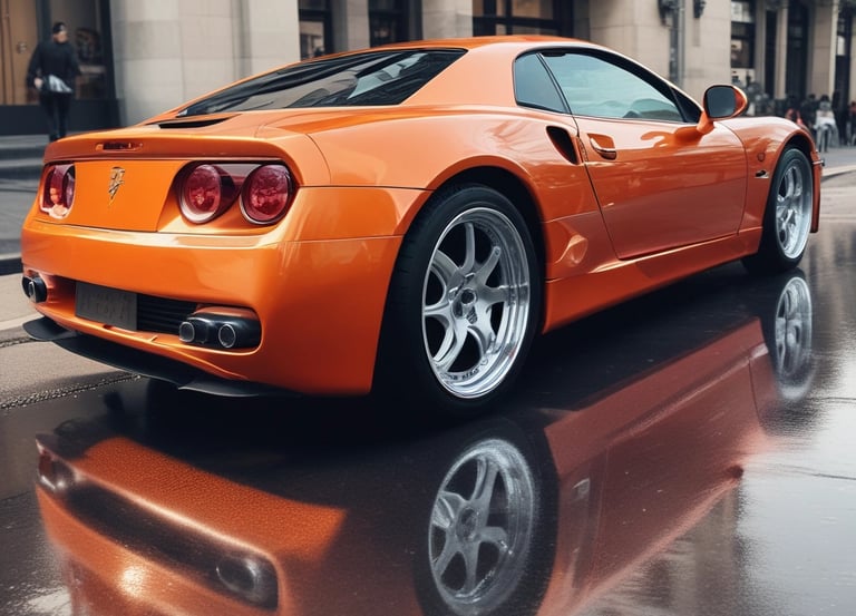 A sparkling clean car parked outdoors with sunlight reflecting off its polished surface.