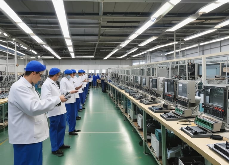 Photo of a production line assembling LED drivers in a modern factory setting.