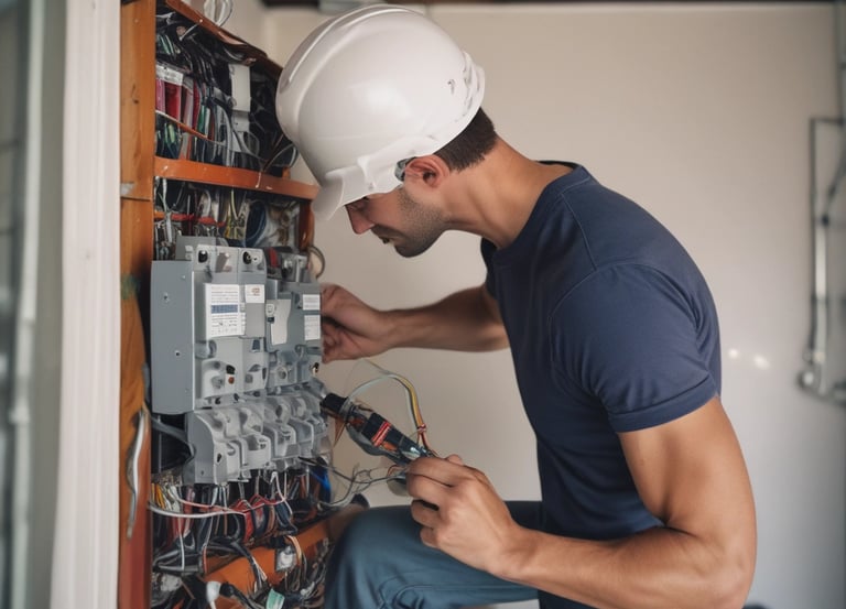 An electrician installing wiring in a modern office space with tools and safety gear.
