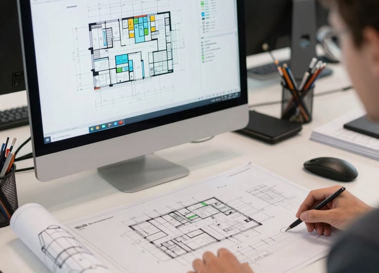 A sleek digital dashboard displaying color-coded construction plans and cost data.