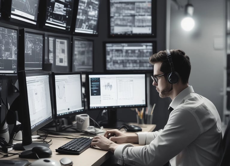 Technician providing remote IT support with multiple computer screens displaying system diagnostics.