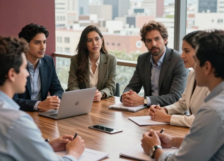 A high-quality photography of a group of diverse professionals in a light-filled, modern conference room in a Latinoamericano / Español city. They are engaged in a collaborative discussion around a wooden table. The lighting is bright and natural, reflecting a professional and sophisticated atmosphere with subtle deep red and earthy brown accents in the decor.