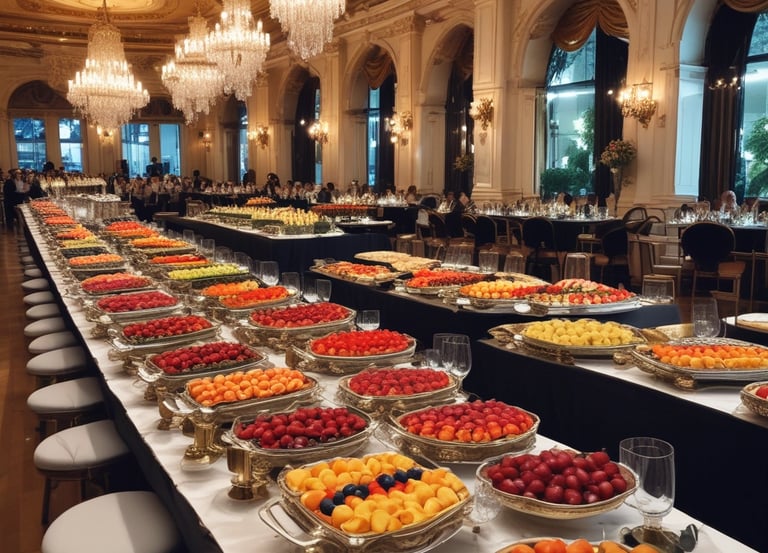 A beautifully arranged table with colorful dishes for a private party.