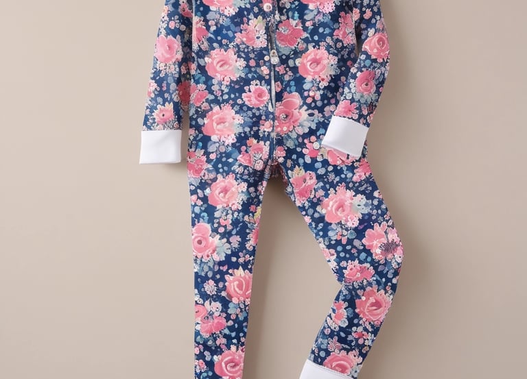 Close-up of soft cotton-lycra fabric with floral and heart patterns.