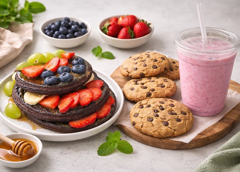 Torre de hotcakes de proteína de chocolate con fruta fresca, galleta chispas de chocolate y smooth 