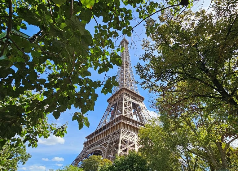 Eiffel Tower in Paris viewed through lush green trees and garden foliage under a clear blue sky.