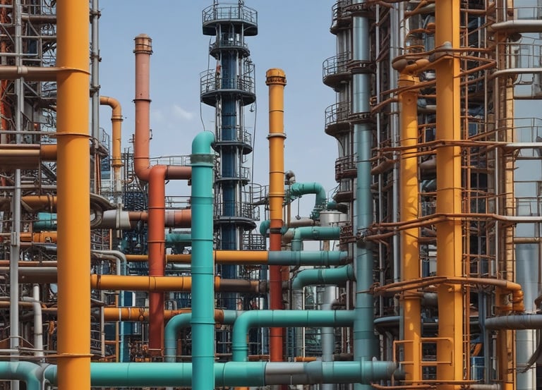 A professional petrochemical plant with pipelines and storage tanks under a clear sky.