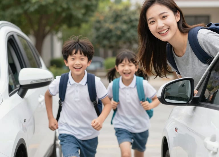 A warm, bright image of two parents smiling together while reviewing a custody calendar with their child.