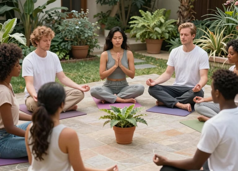 A serene garden space with people engaging in planting and smiling together under soft natural light.