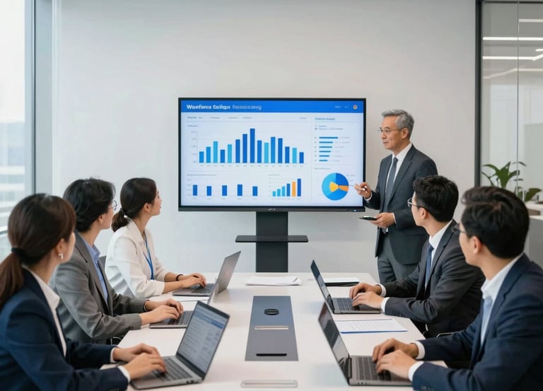 A sleek modern office setting with a consultant and client reviewing strategic plans on a laptop.